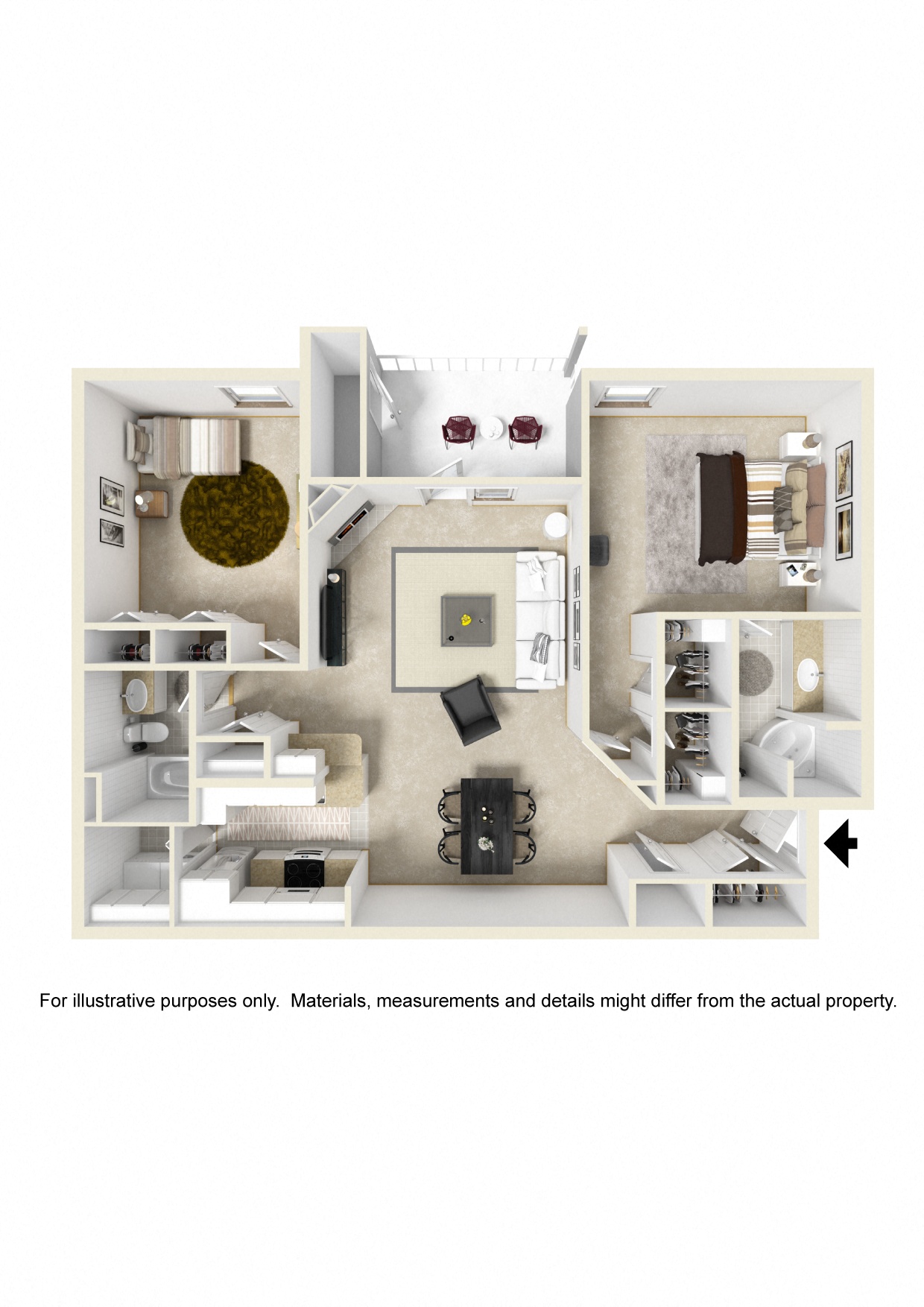 Floor plan for 2 beds, 2 baths, 1376 sqft